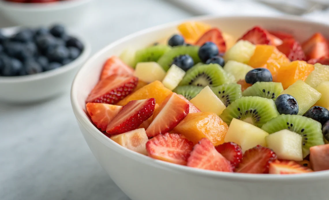 Rainbow fruit salad in white bowl with melon, strawberries, kiwi, blueberries, and honey drizzle on gray countertop