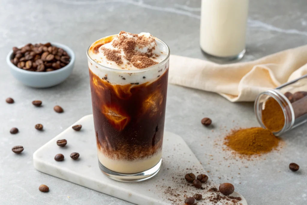 Pumpkin Spice Latte with whipped cream cinnamon and caramel in white cup on gray countertop