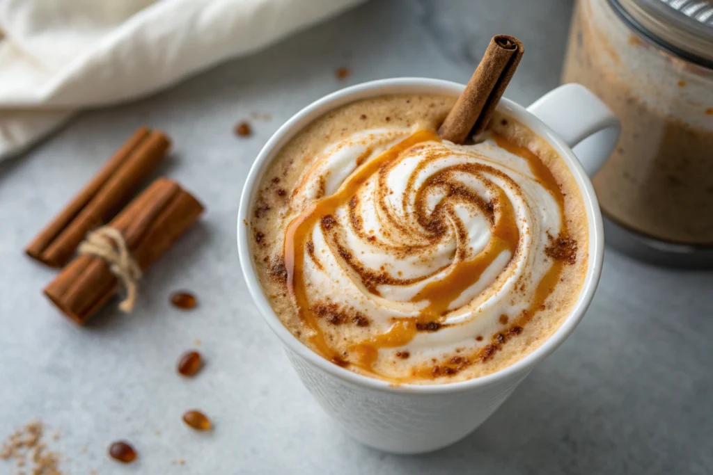 Pumpkin Spice Latte with whipped cream cinnamon and caramel in white cup on gray countertop