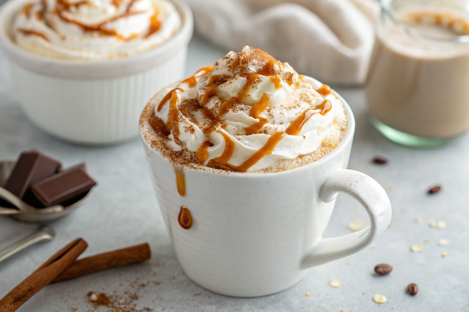Pumpkin Spice Latte with whipped cream cinnamon and caramel in white cup on gray countertop