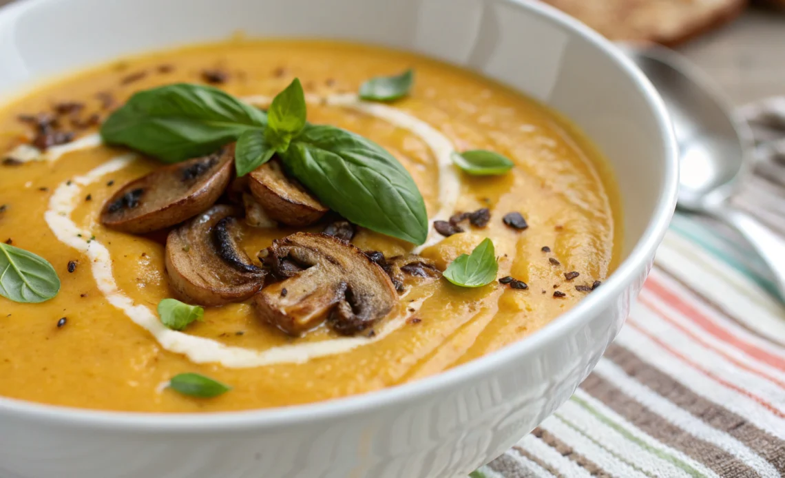 Creamy butternut squash soup in white bowl with fresh basil sautéed mushrooms and roasted cherry tomatoes on gray countertop