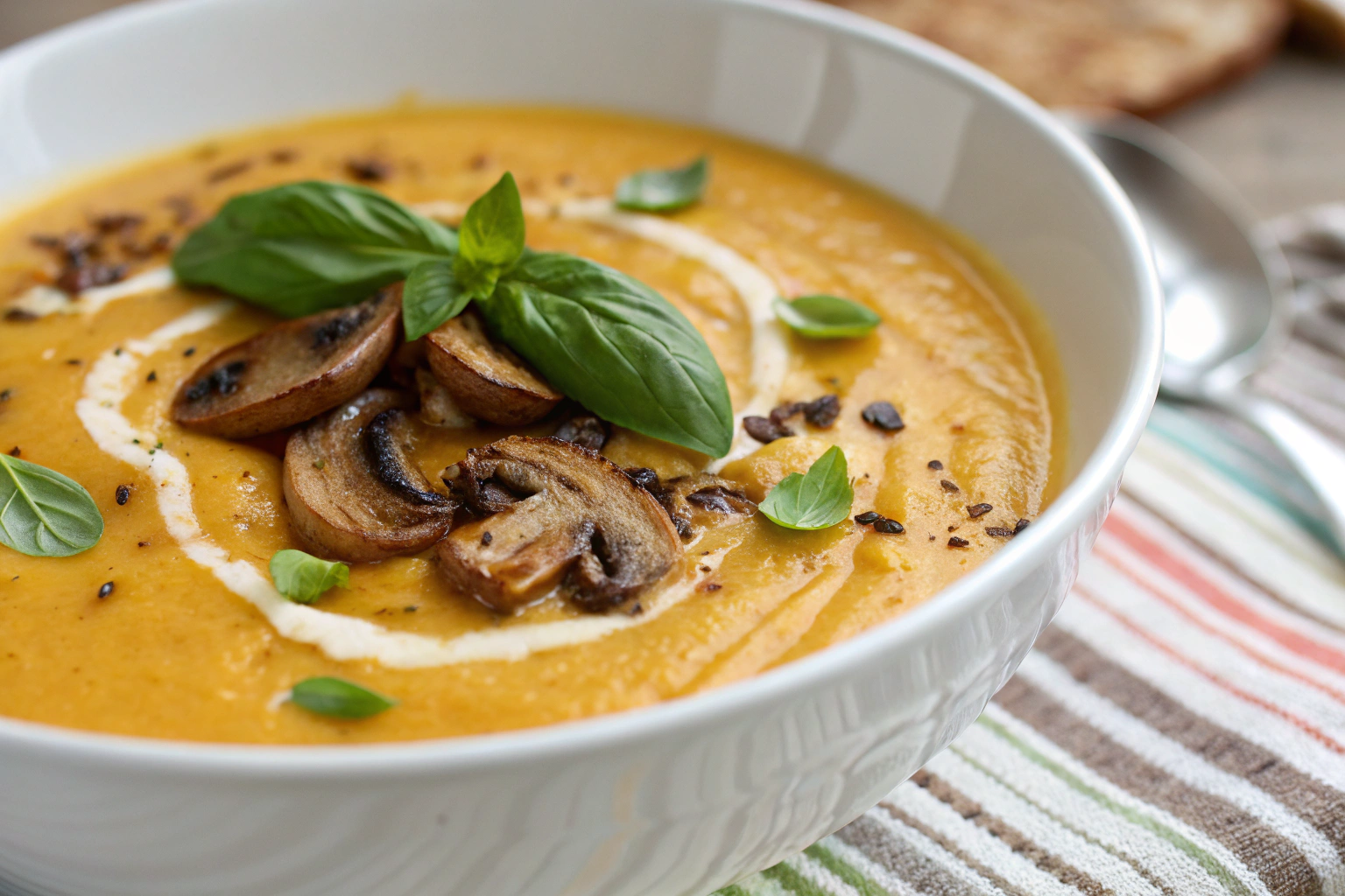 Creamy butternut squash soup in white bowl with fresh basil sautéed mushrooms and roasted cherry tomatoes on gray countertop