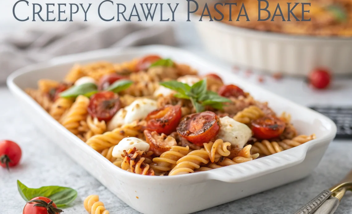 Creepy Crawly Pasta Bake: The Ultimate Comfort Food for Halloween 1 Wiggly fusilli pasta in white dish with roasted cherry tomatoes melted mozzarella and fresh basil