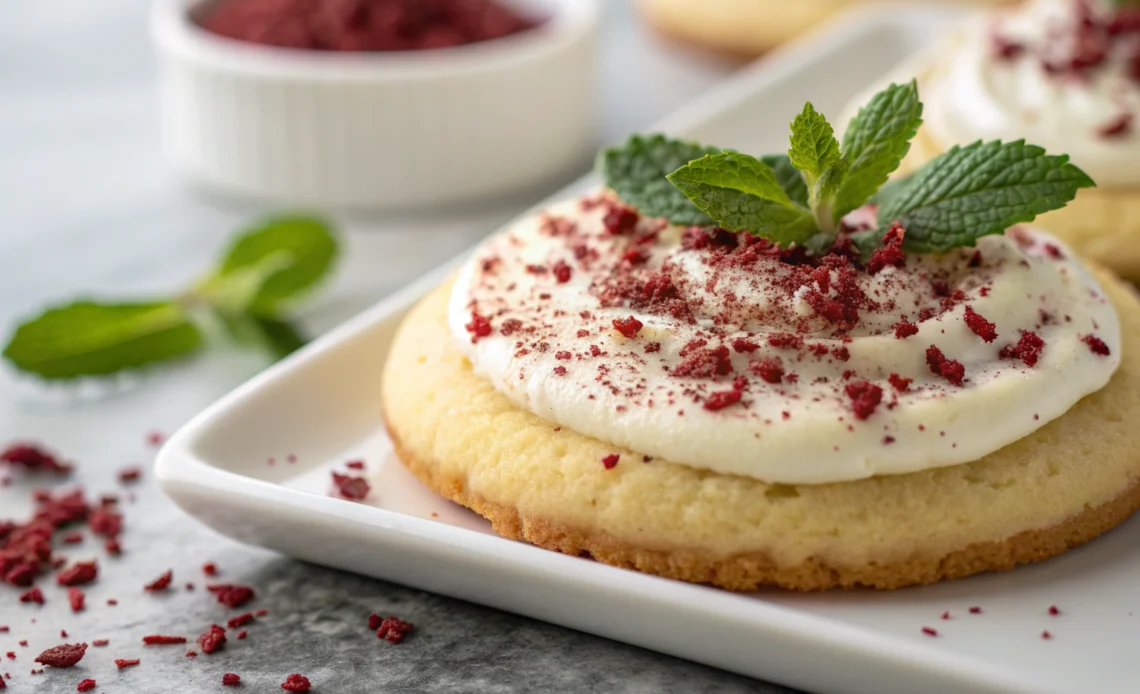 Eternal sugar cookies on white dish topped with cream cheese frosting and sprinkles.