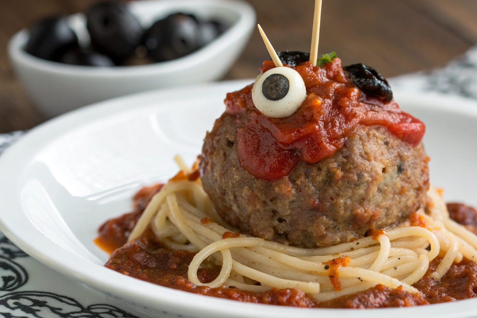 Eyeball meatballs with string cheese eyes black olives and red bell pepper garnish on white plate styled by Gordon Ramsay
