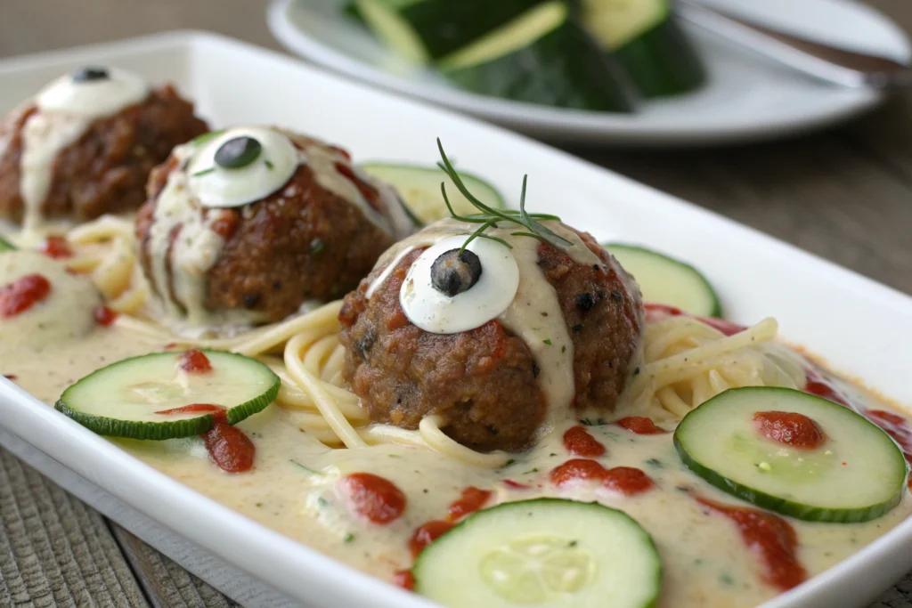 Creamy Eyeball Pasta with meatballs fresh basil mozzarella on white plate