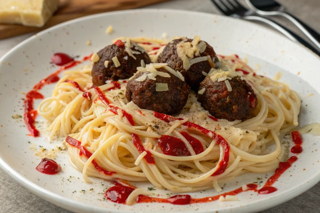 Creamy Eyeball Pasta with meatballs fresh basil mozzarella on white plate