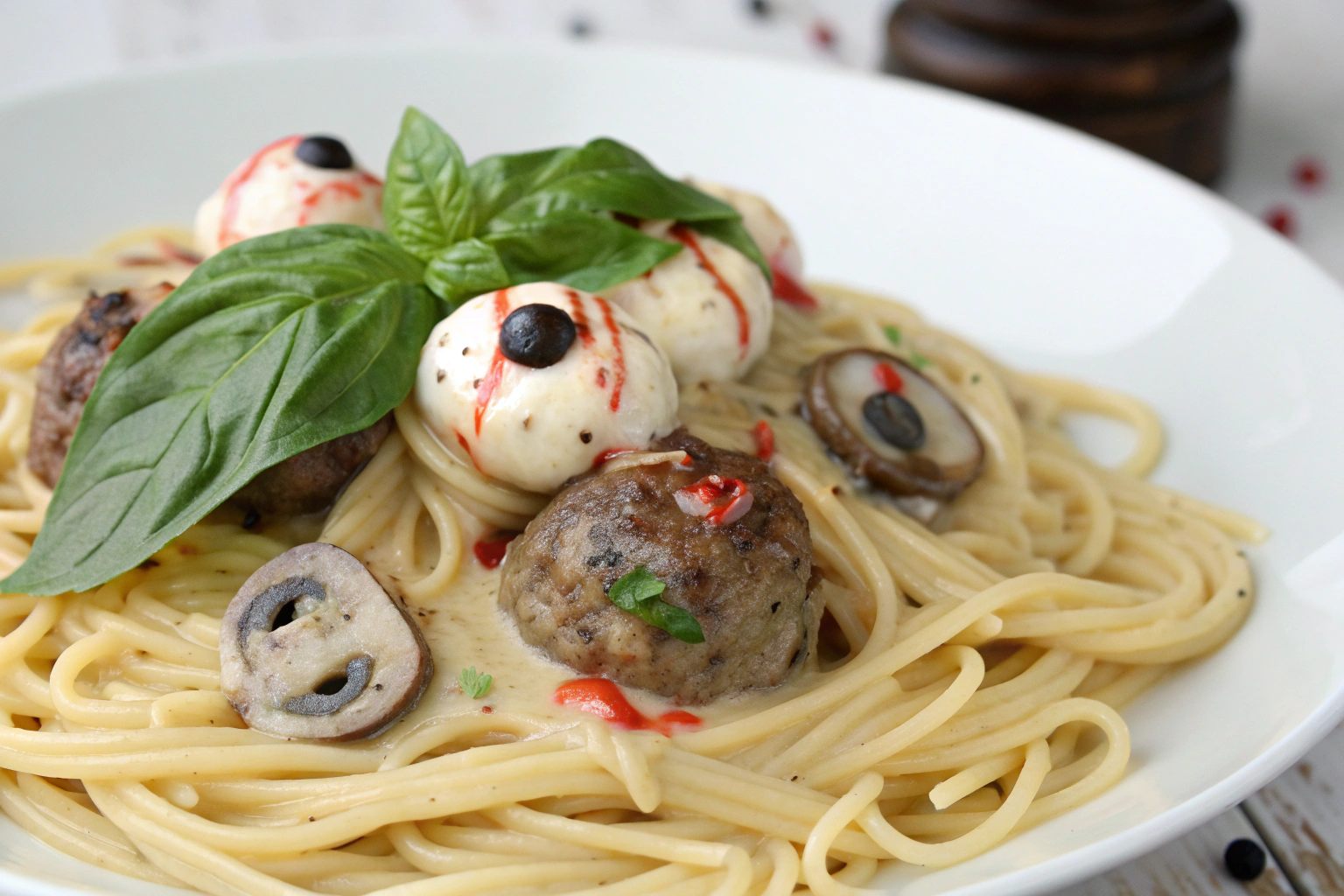 Creamy Eyeball Pasta with meatballs fresh basil mozzarella on white plate