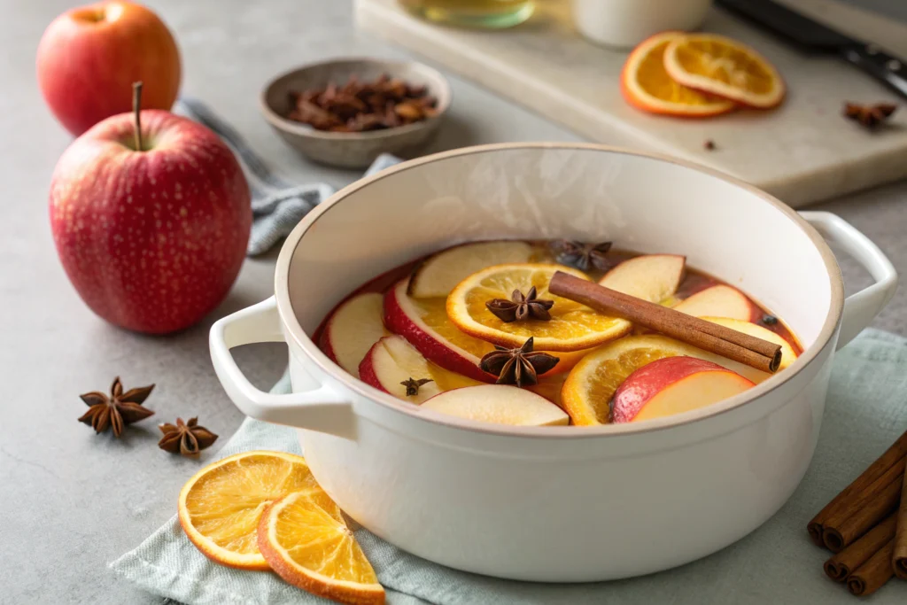 Fall simmering pot recipes: Cozy Autumn Scents for Your Home 2 Fresh apple and orange slices with cinnamon sticks cloves and nutmeg in a white ceramic pot on a gray countertop