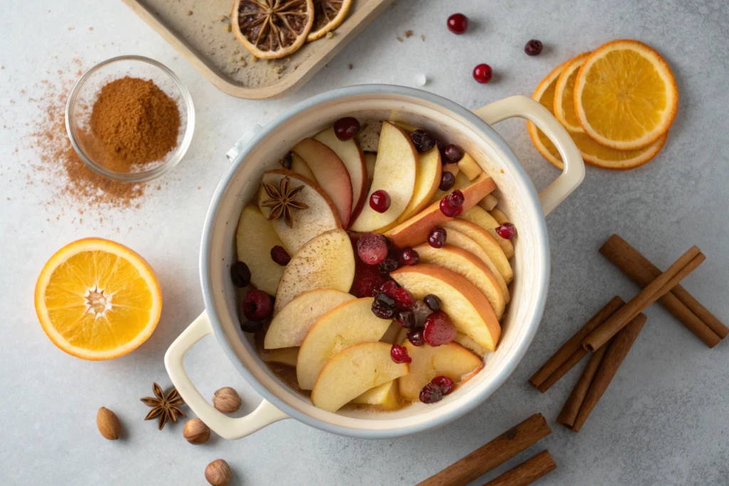 Fall simmering pot recipes: Cozy Autumn Scents for Your Home 3 Fresh apple and orange slices with cinnamon sticks cloves and nutmeg in a white ceramic pot on a gray countertop