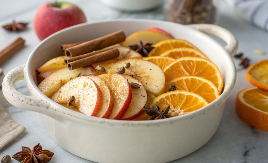 Fall simmering pot recipes: Cozy Autumn Scents for Your Home 1 Fresh apple and orange slices with cinnamon sticks cloves and nutmeg in a white ceramic pot on a gray countertop