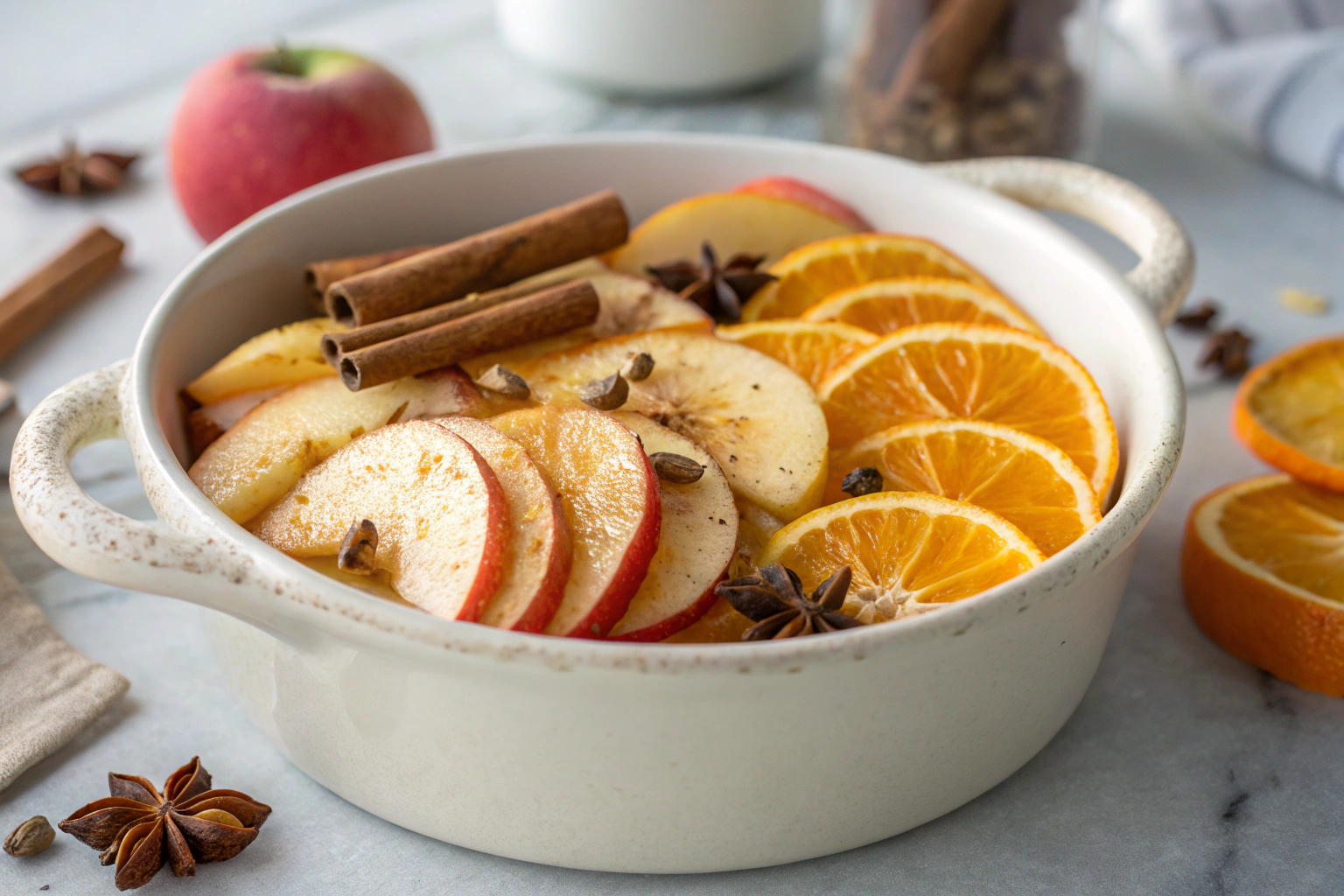 Fresh apple and orange slices with cinnamon sticks cloves and nutmeg in a white ceramic pot on a gray countertop