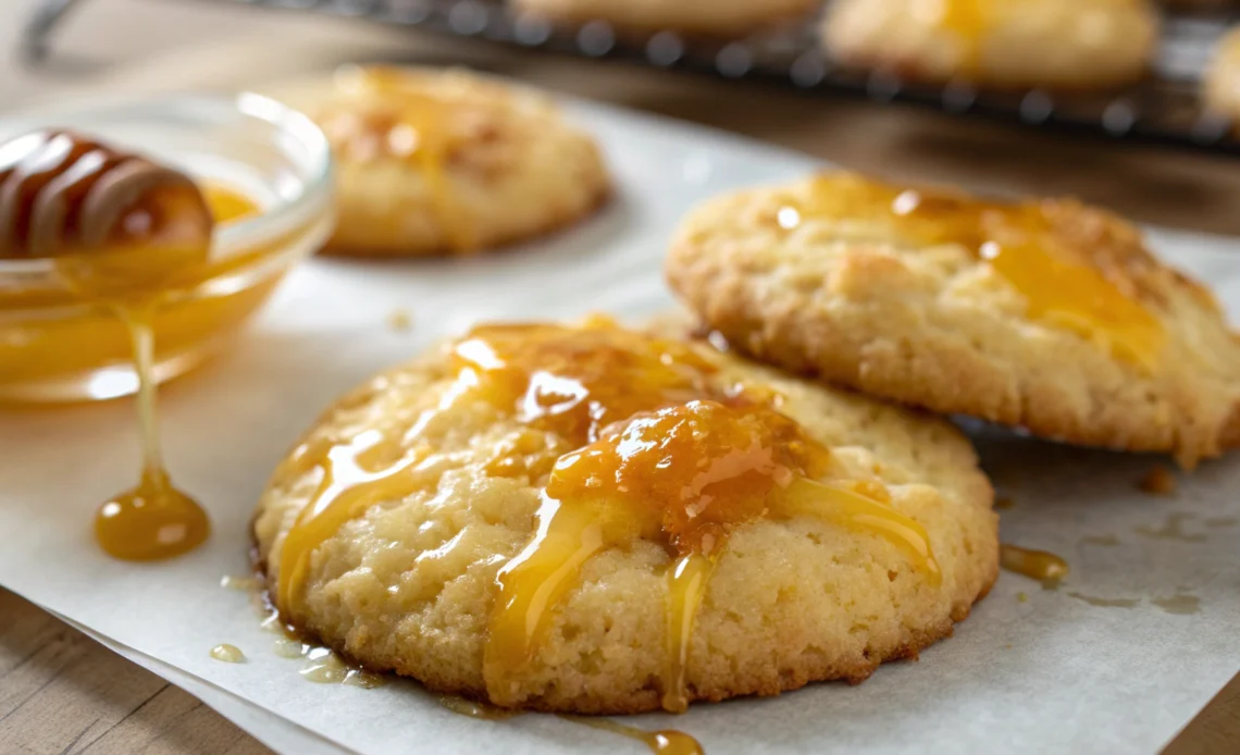 Golden Cheese Cookie Recipe: Craft Buttery, Crumbly Cheesy Delights 1 Golden Cheese Cookie with melted cheddar and a drizzle of honey on a white dish