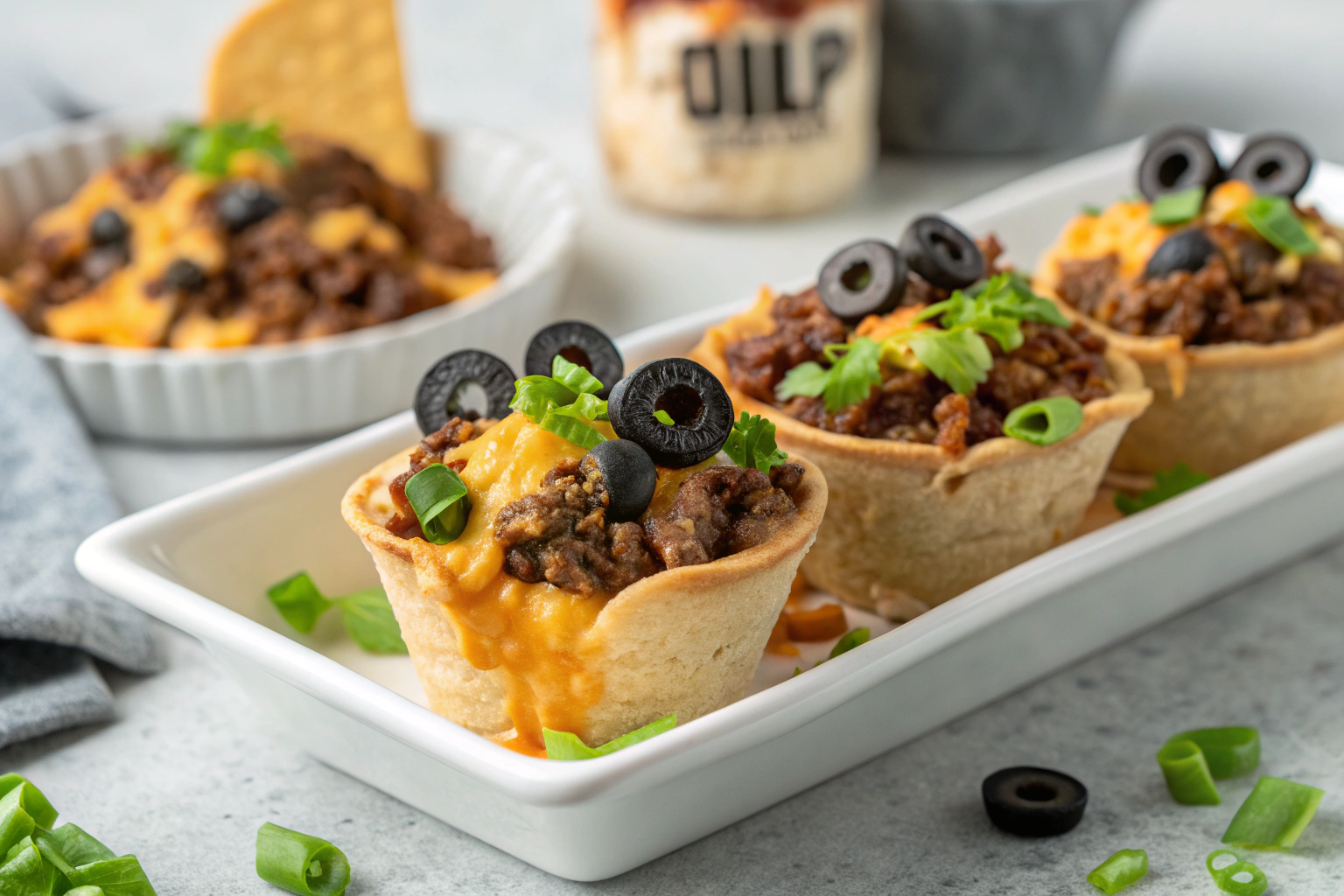 Graveyard Taco Cups with crushed Oreos, melted cheese, green onions, and olive tombstones on a white plate
