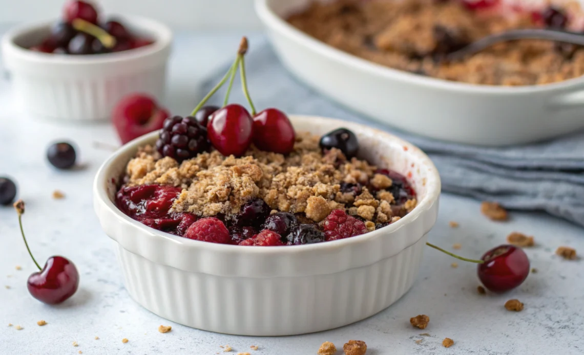 Healthy Berry Cherry Crisp: A Nutritious Twist on a Classic Dessert 1 Berry cherry crisp with fresh mixed berries oats cinnamon in white dish on gray countertop