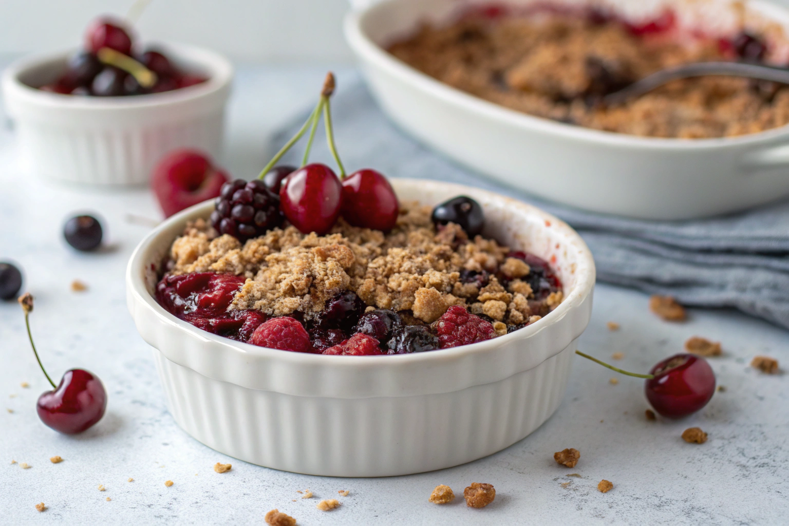 Healthy Berry Cherry Crisp: A Nutritious Twist on a Classic Dessert 4 Berry cherry crisp with fresh mixed berries oats cinnamon in white dish on gray countertop
