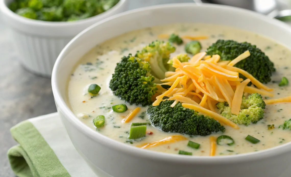 Creamy broccoli cheddar soup with fresh chives steamed broccoli and shredded cheese in white bowl on gray countertop