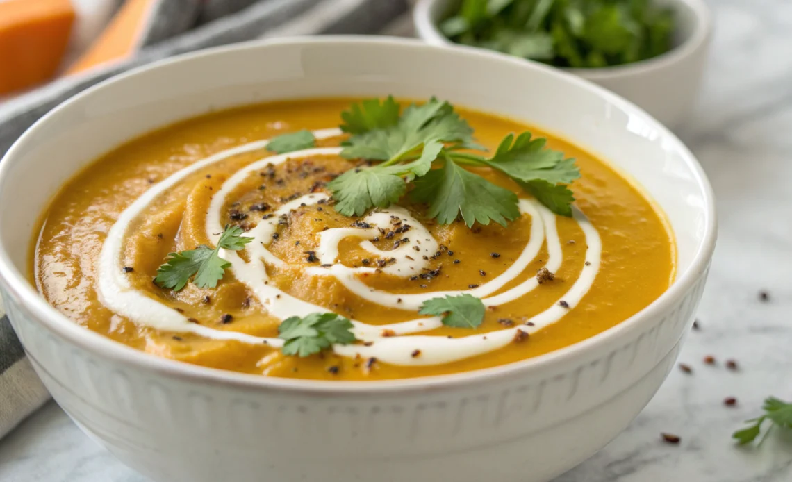 Creamy sweet potato soup with fresh cilantro, roasted sweet potato cubes and a swirl of coconut cream