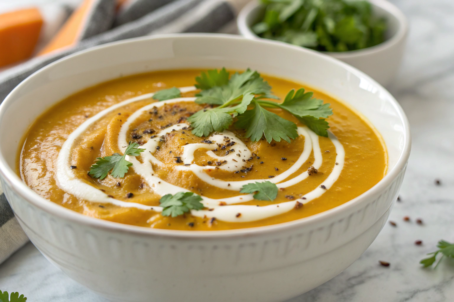 Creamy sweet potato soup with fresh cilantro, roasted sweet potato cubes and a swirl of coconut cream