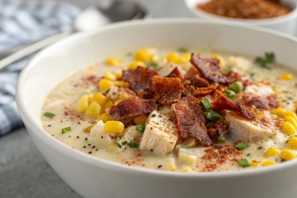 Creamy chicken corn chowder in a bowl with chicken, corn, and potatoes garnished with fresh herbs