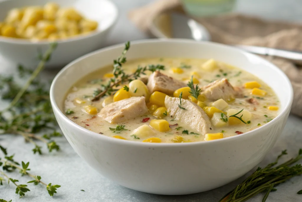 Creamy chicken corn chowder in a bowl with chicken, corn, and potatoes garnished with fresh herbs