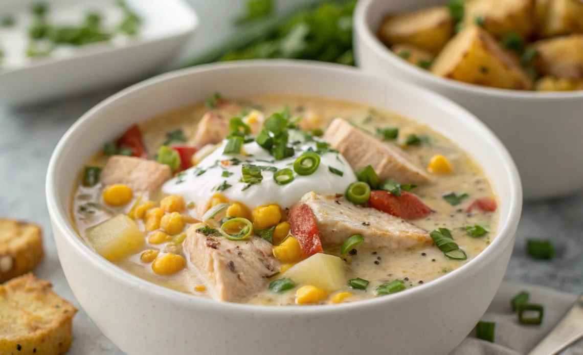 Creamy chicken corn chowder in a bowl with chicken, corn, and potatoes garnished with fresh herbs