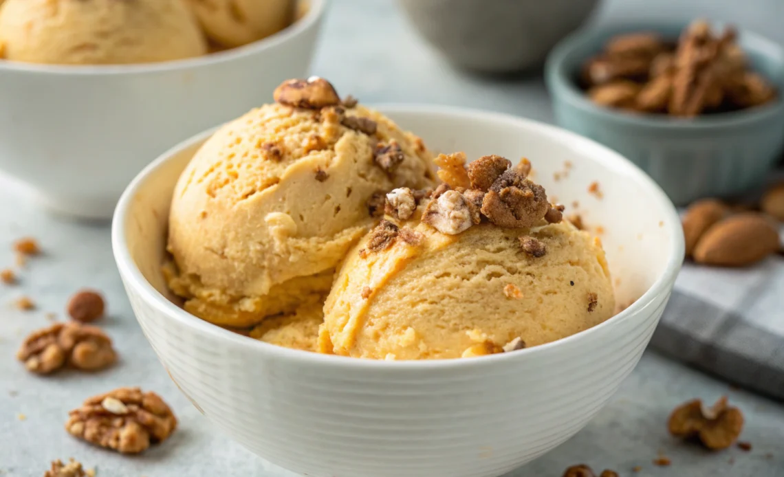 Homemade Pumpkin Ice Cream: A Creamy Fall Treat That’s Easy to Make 1 Creamy homemade pumpkin ice cream with pumpkin pie spice and caramel drizzle in a white bowl on gray countertop