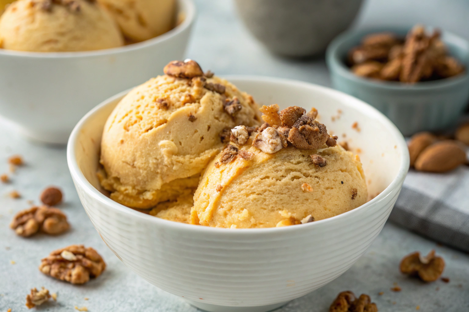Homemade Pumpkin Ice Cream: A Creamy Fall Treat That’s Easy to Make 4 Creamy homemade pumpkin ice cream with pumpkin pie spice and caramel drizzle in a white bowl on gray countertop