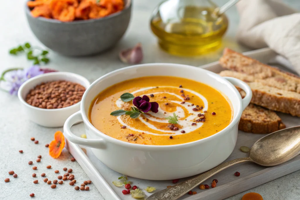 Moroccan spiced carrot lentil soup with fresh cilantro toasted cumin and soft lentils in white bowl on gray countertop