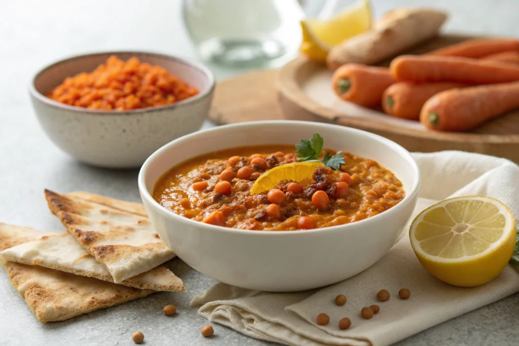 Moroccan spiced carrot lentil soup with fresh cilantro toasted cumin and soft lentils in white bowl on gray countertop