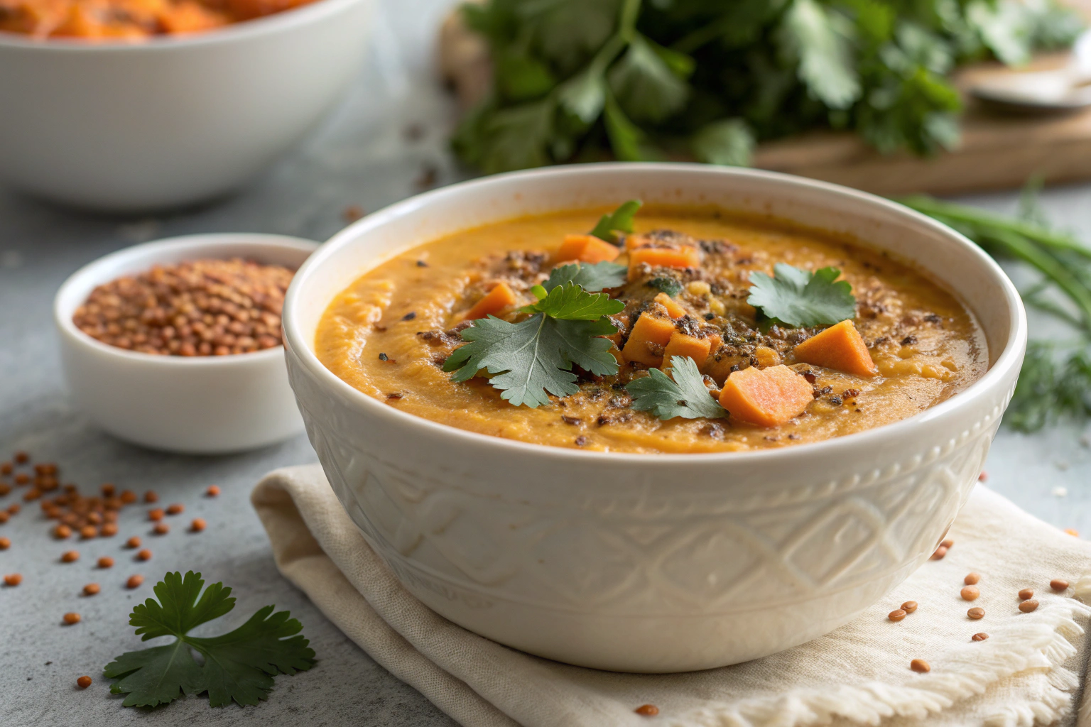 Moroccan spiced carrot lentil soup with fresh cilantro toasted cumin and soft lentils in white bowl on gray countertop