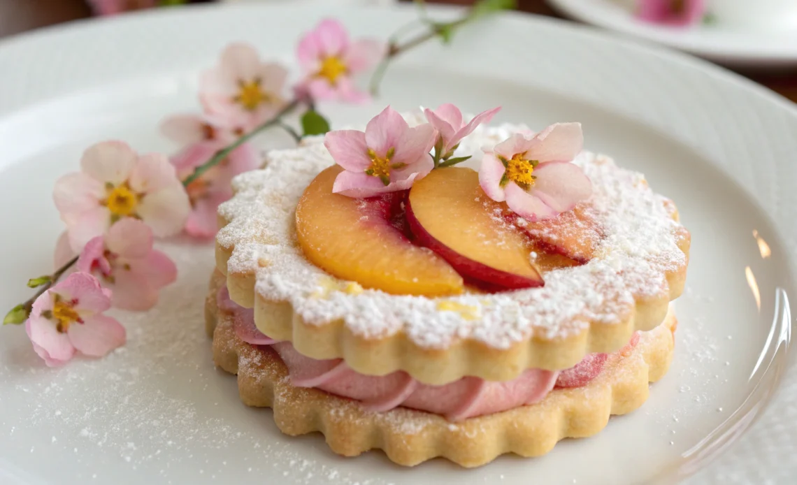 Delicate peach blossom cookies with edible flowers dusted with powdered sugar
