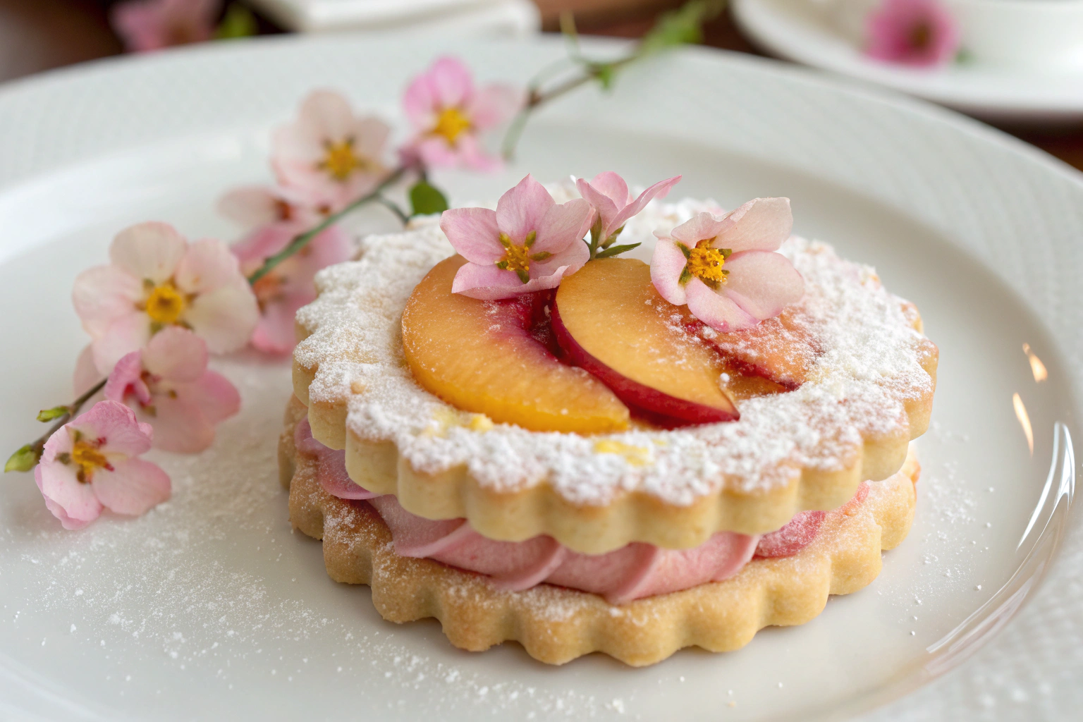 Delicate peach blossom cookies with edible flowers dusted with powdered sugar