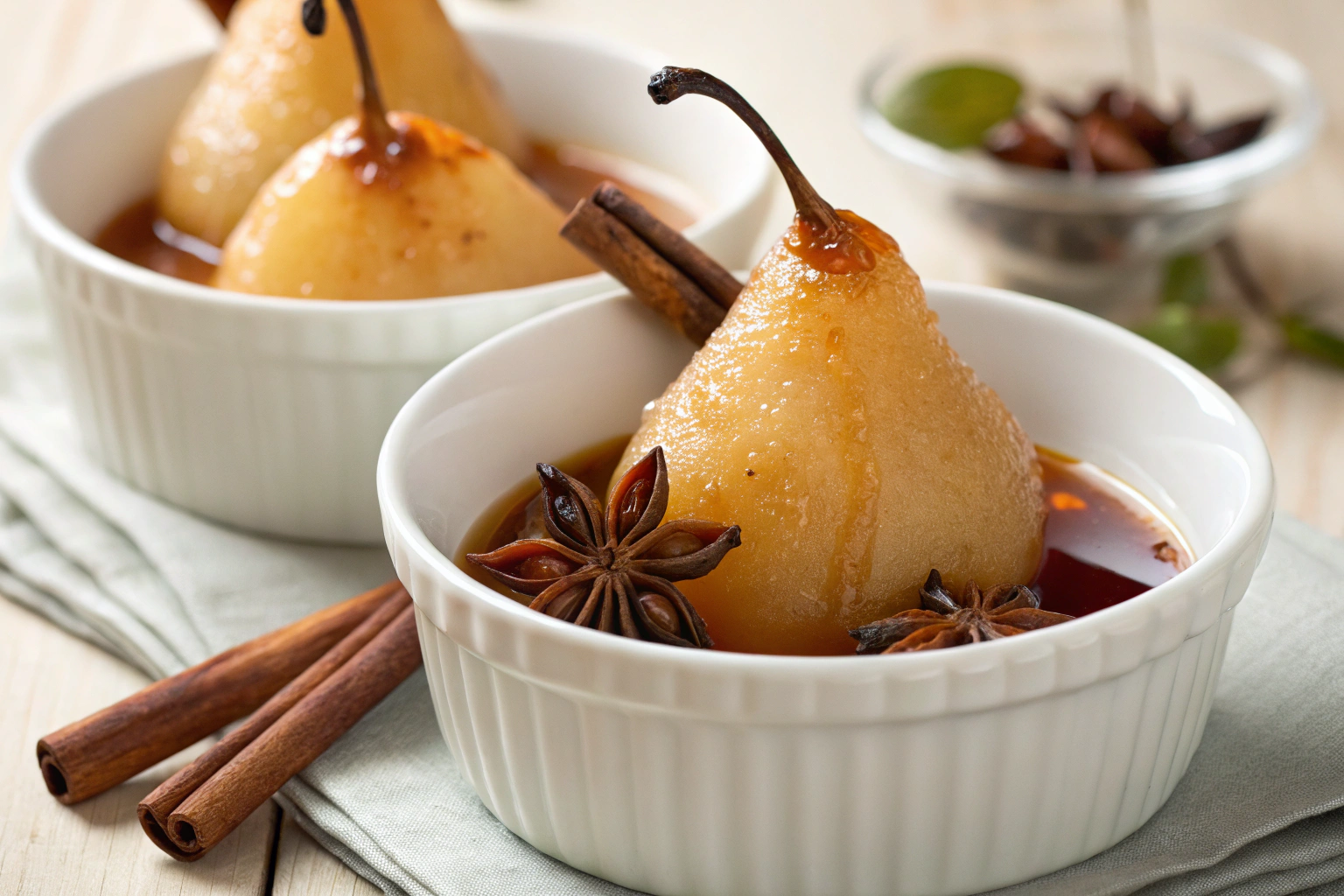 Tender poached pears in glistening cinnamon syrup on white plate surrounded by fresh berries and whipped cream
