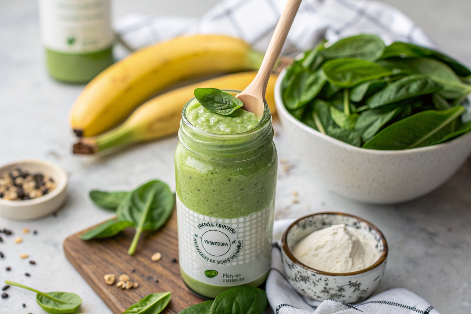Green smoothie in white potion bottle with spinach banana Greek yogurt protein powder and wooden spoon