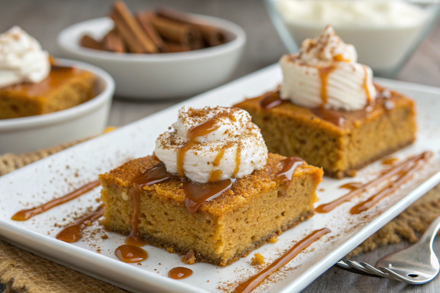 Moist Pumpkin Bars with pumpkin puree cinnamon nutmeg and sour cream in a white dish on gray countertop