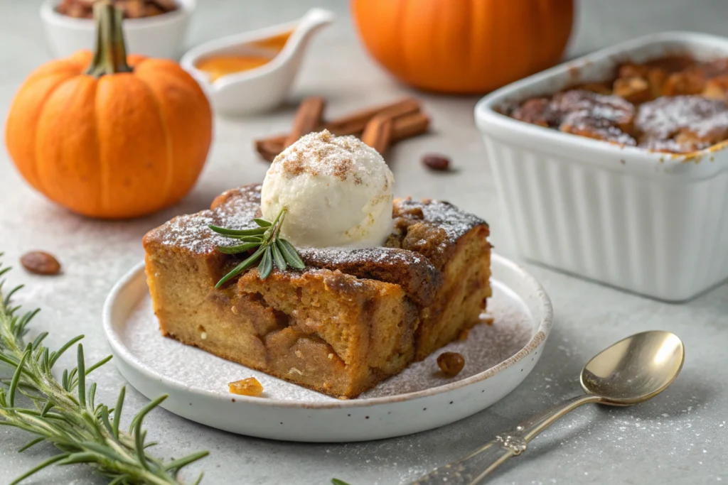 Creamy Pumpkin Bread Pudding with caramel sauce and cinnamon on white dish light gray countertop