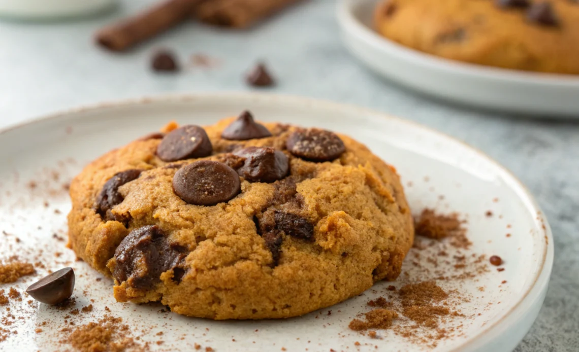 Pumpkin Spice Perfection: Soft & Chewy Pumpkin Chocolate Chip Cookies 1 Soft pumpkin chocolate chip cookie with melted chocolate chunks and cinnamon dusting on white plate