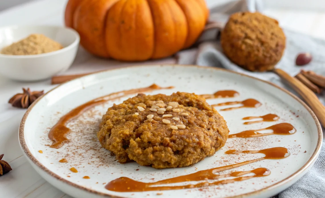 Crispy & Chewy Pumpkin Oatmeal Cookies: A 3-Ingredient Healthy Treat 1 Crispy pumpkin oatmeal cookie with chewy center cinnamon sprinkle white plate light gray countertop