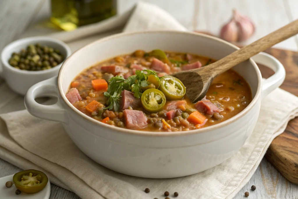 Smoky ham hock lentil soup in white bowl with lentils carrots onions and crispy bacon bits on gray countertop