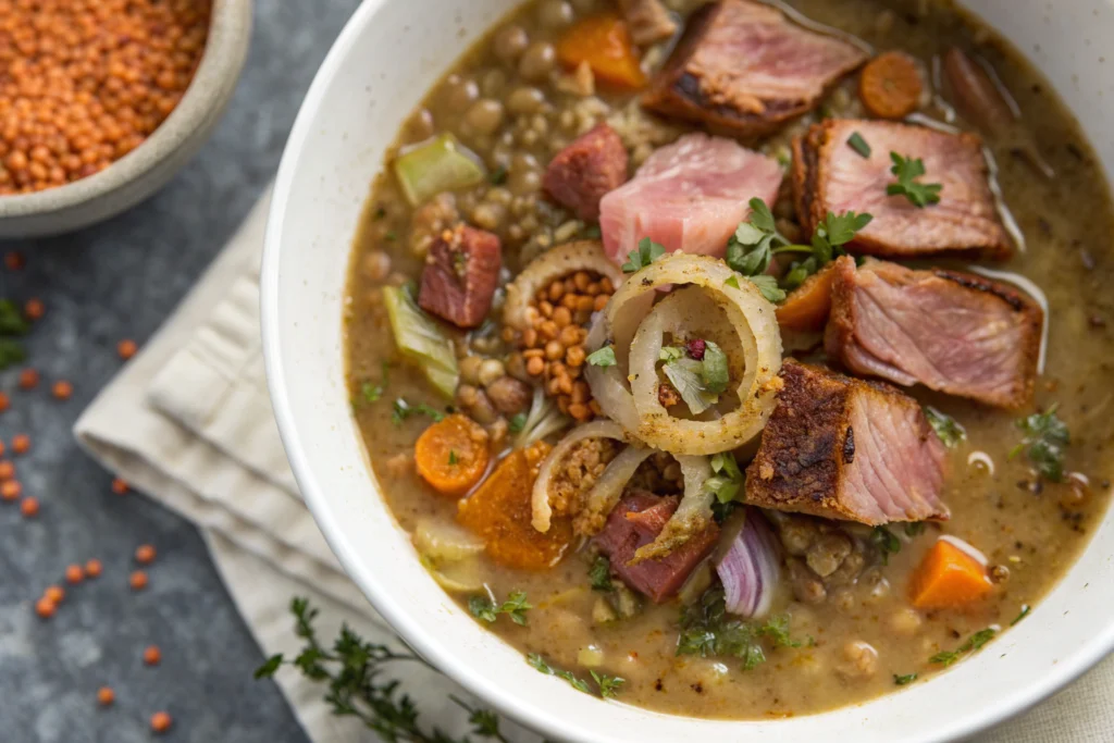 Smoky ham hock lentil soup in white bowl with lentils carrots onions and crispy bacon bits on gray countertop