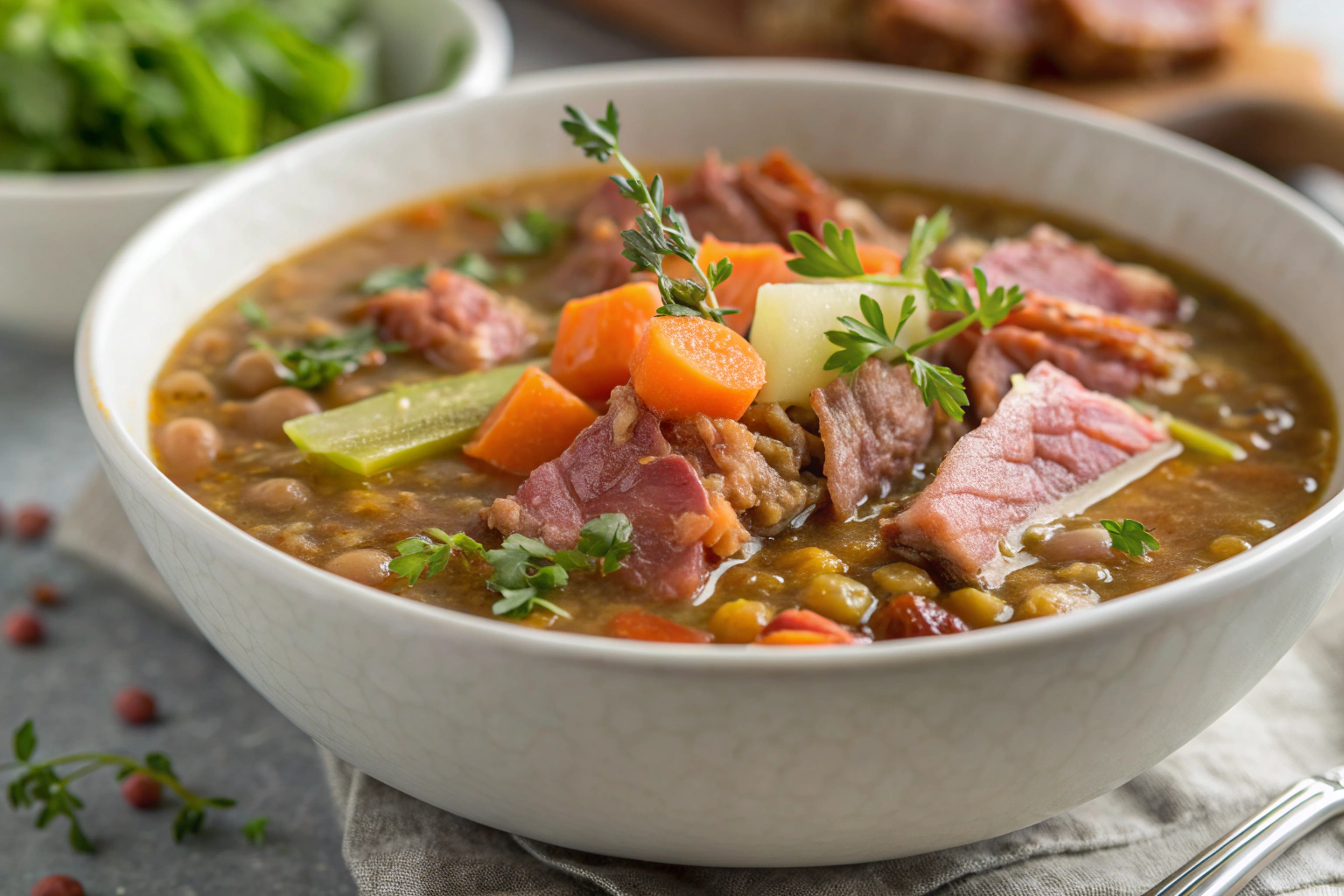 Smoky ham hock lentil soup in white bowl with lentils carrots onions and crispy bacon bits on gray countertop