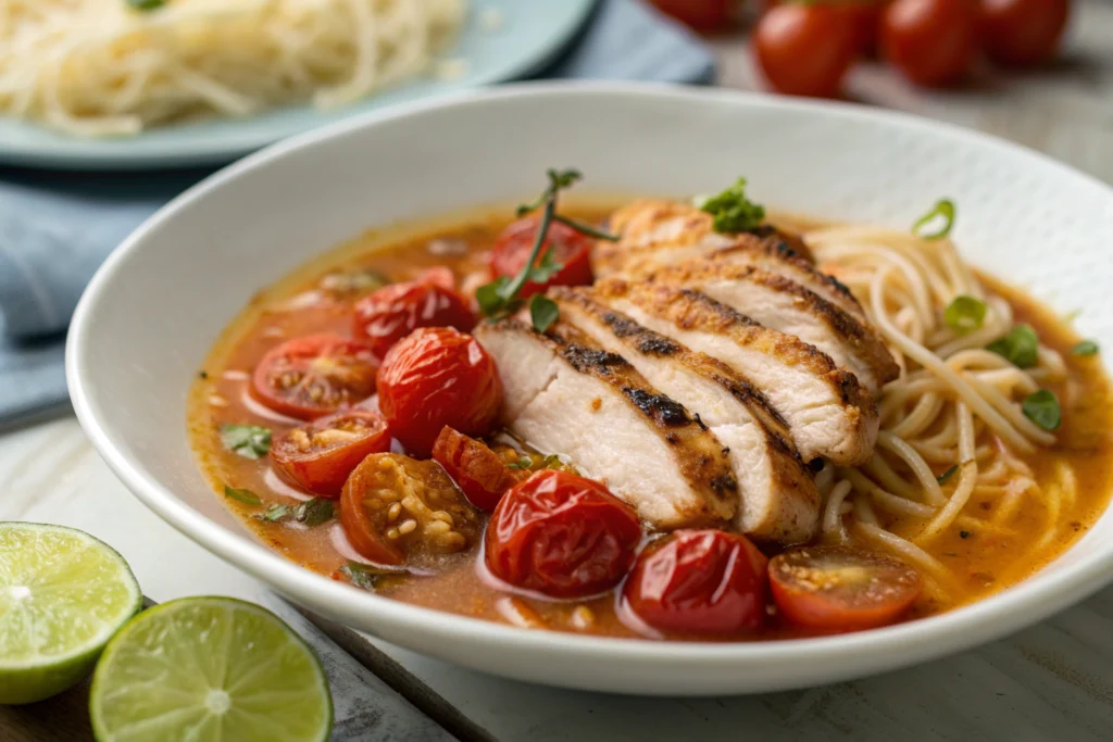 The Ultimate Guide to Making Sopa de Fideo: Mexican Noodle Soup You’ll Love 2 Sopa de fideo in white bowl with fideo noodles tomato broth sautéed mushrooms cilantro avocado slice