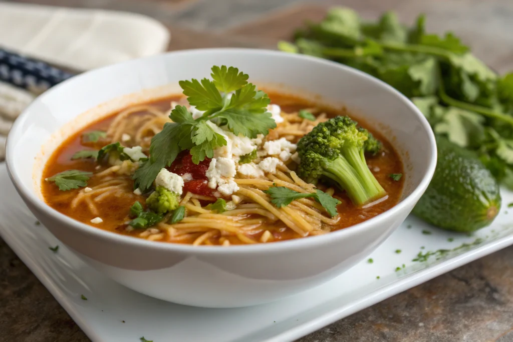 The Ultimate Guide to Making Sopa de Fideo: Mexican Noodle Soup You’ll Love 3 Sopa de fideo in white bowl with fideo noodles tomato broth sautéed mushrooms cilantro avocado slice