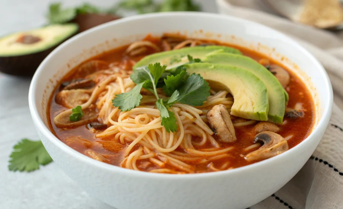The Ultimate Guide to Making Sopa de Fideo: Mexican Noodle Soup You’ll Love 1 Sopa de fideo in white bowl with fideo noodles tomato broth sautéed mushrooms cilantro avocado slice