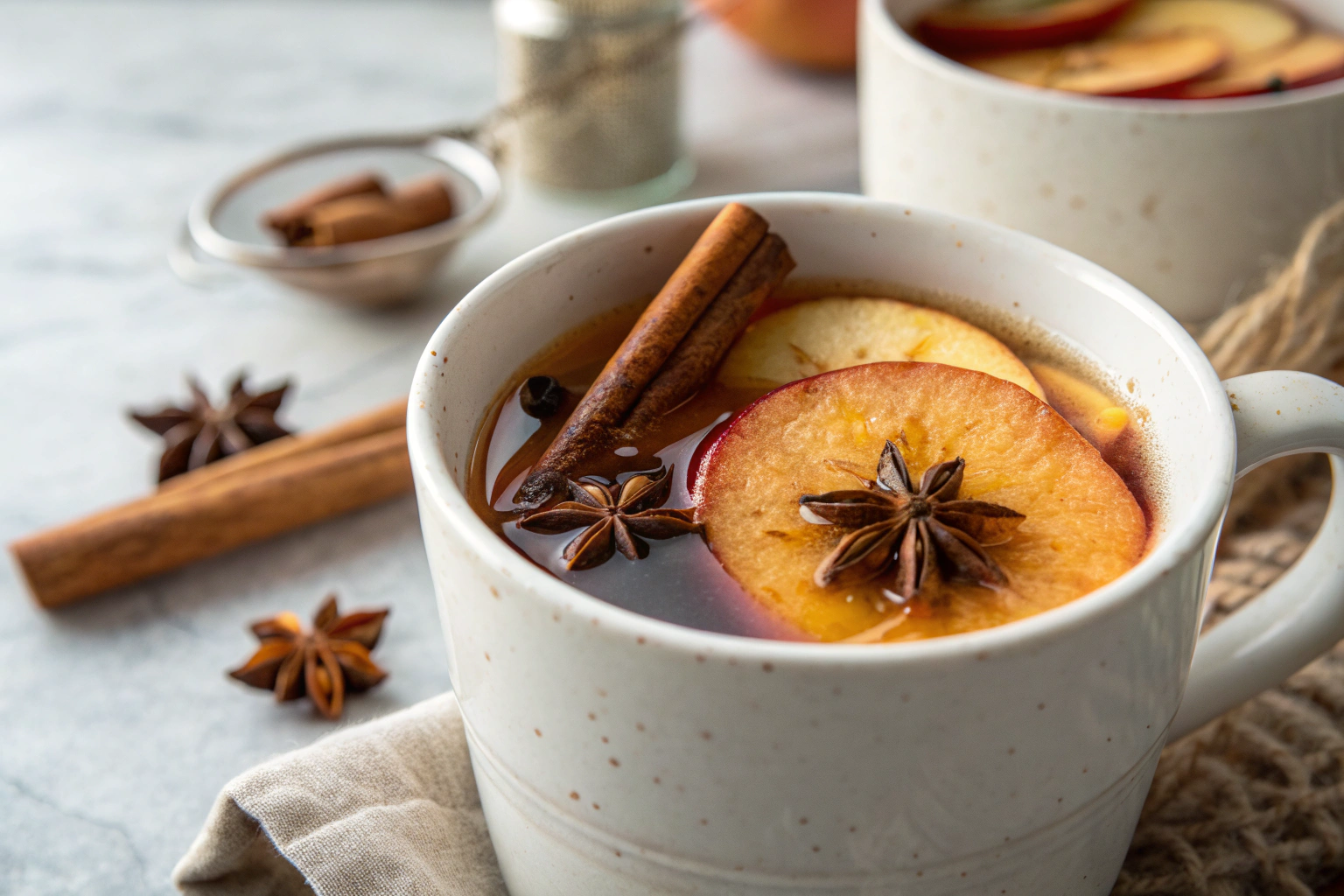 Steaming spiced cider tea with cinnamon sticks and apple slices in a white mug on granite countertop
