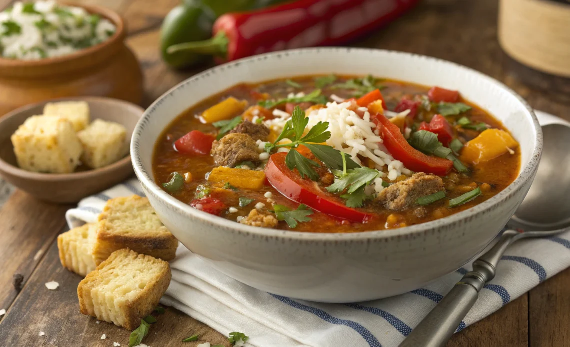Stuffed pepper soup with fresh herbs and diced tomatoes in a white dish