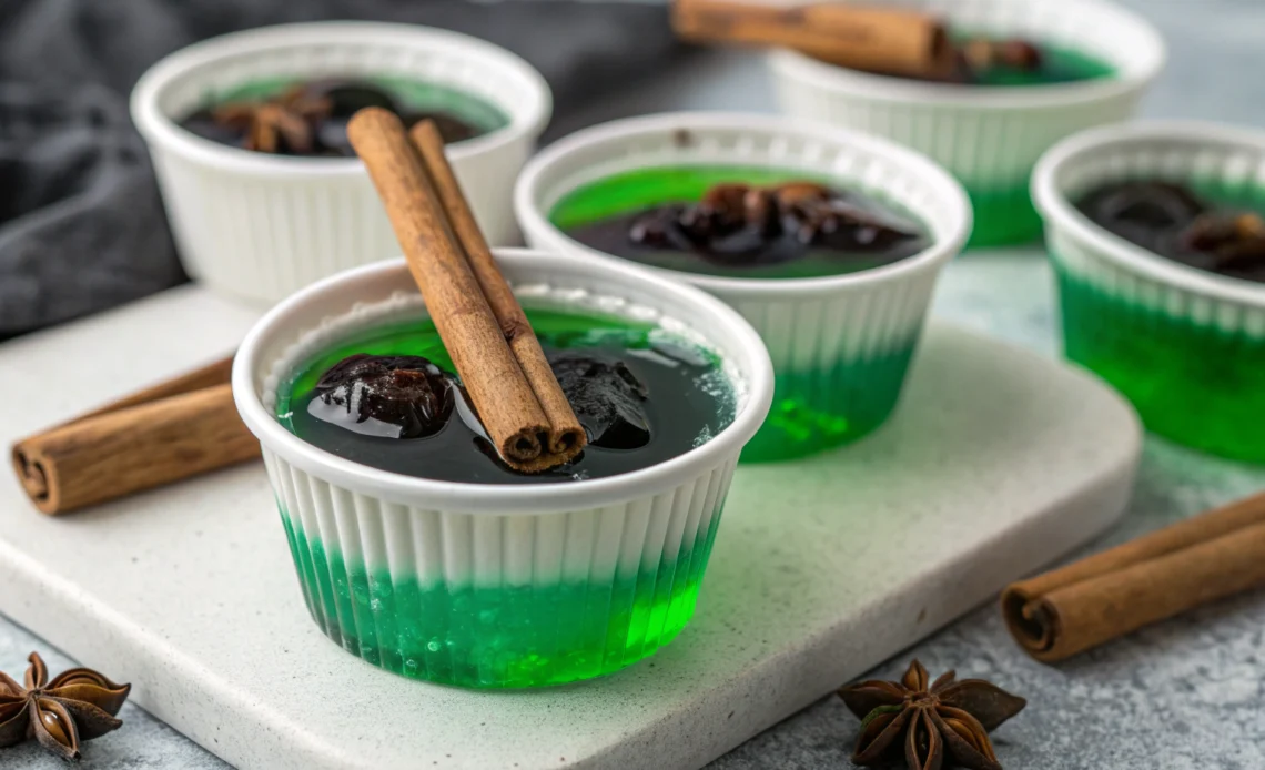 Witch's Brew Jelly Shots: The Ultimate Halloween Treat 1 Green apple jelly shots marbled with black food coloring in white molds on light gray countertop Gordon Ramsay styling