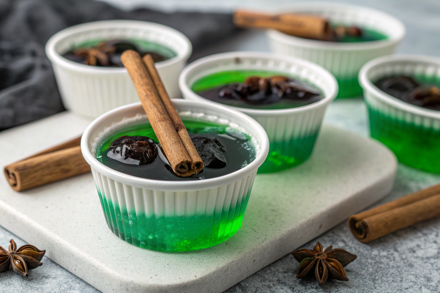 Green apple jelly shots marbled with black food coloring in white molds on light gray countertop Gordon Ramsay styling