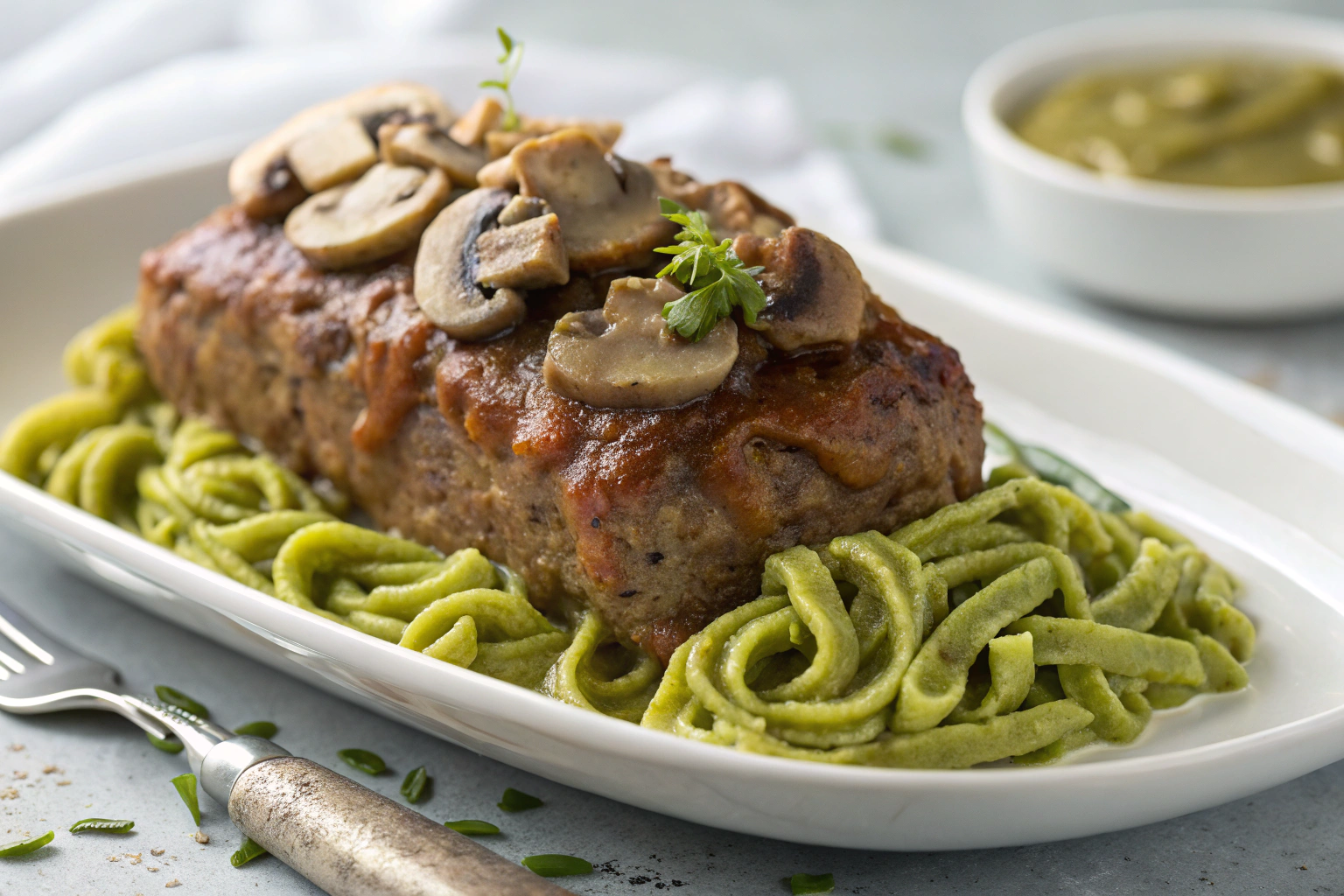 Zombie meatloaf with mushroom gravy braised meatloaf foot green pasta intestines white plate